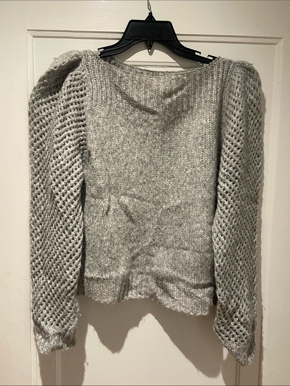 LoveShackFancy Light Gray Openwork Puff-Sleeve Knit Sweater